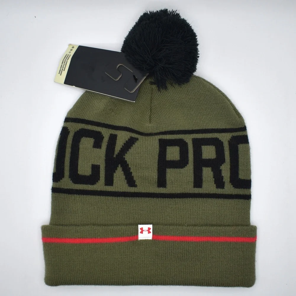 Under Armour Project Rock Red One Pom Beanie Hat Olive Green NEW 6003768-390